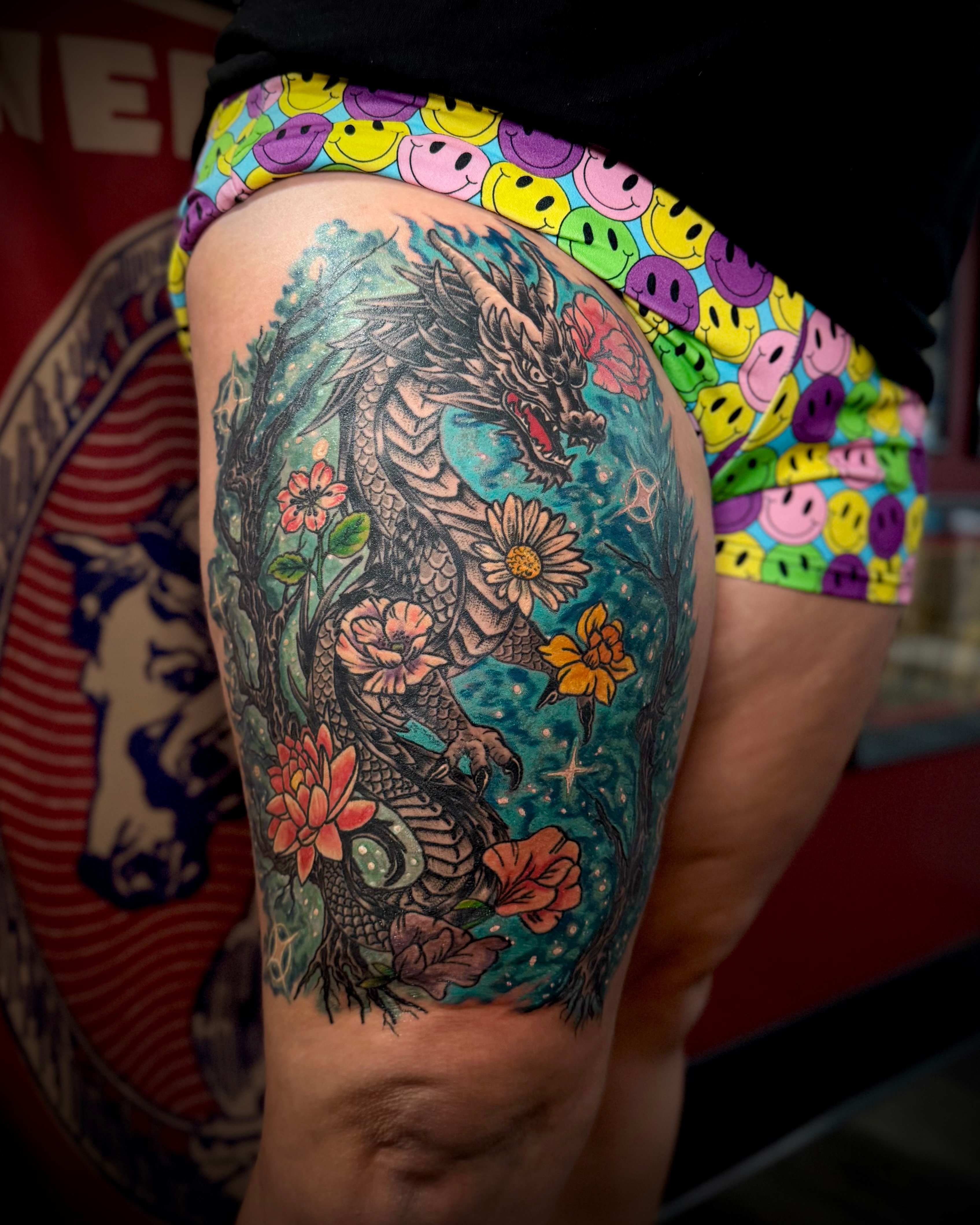 Fantasy Dragon, Family Flowers Tattoo
