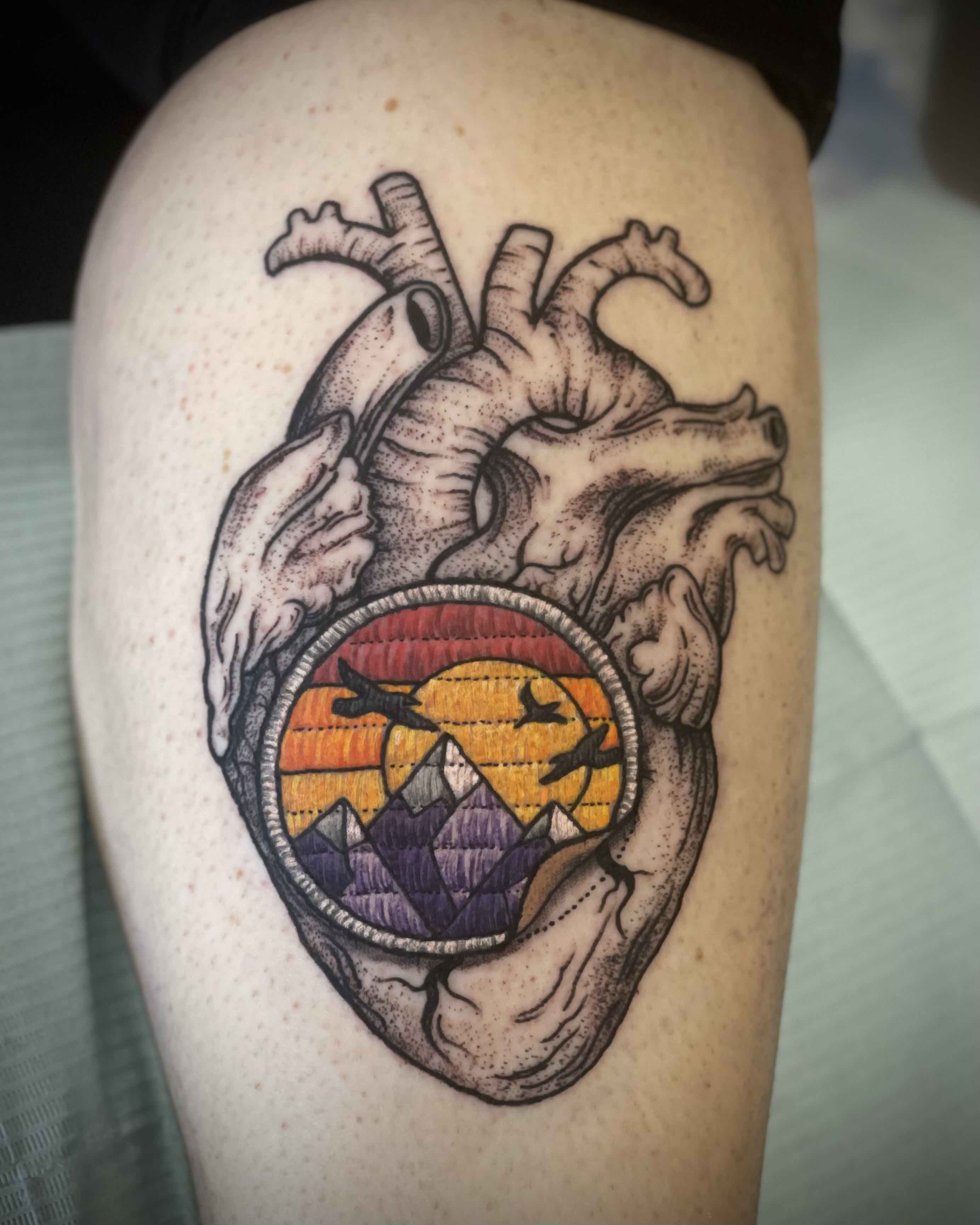 color patch mountains tattoo and black grey heart - 01.20249